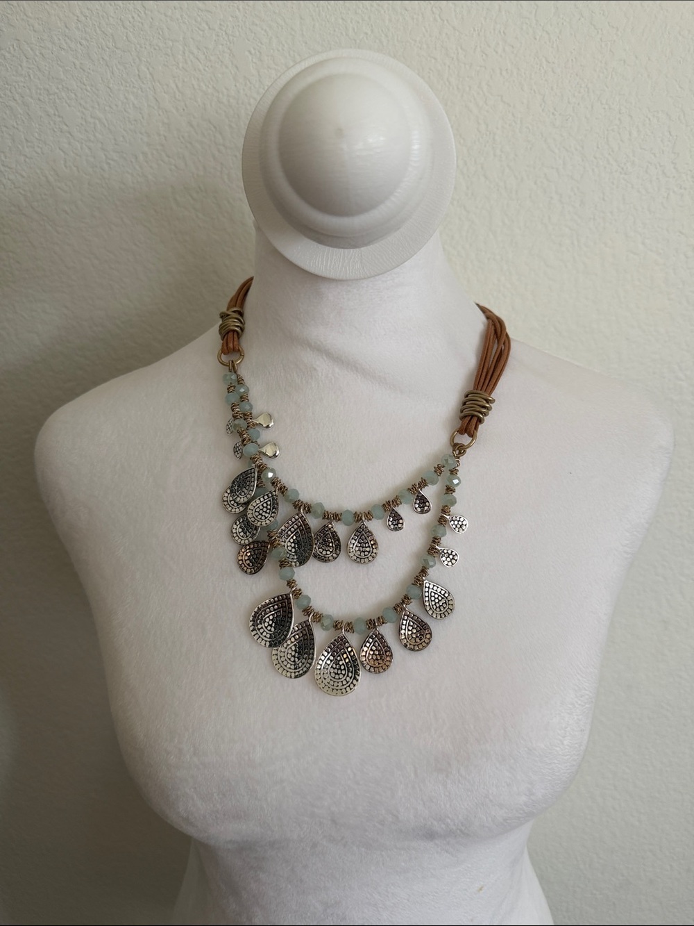Layered Teardrop Statement Necklace in Brown and Light Blue